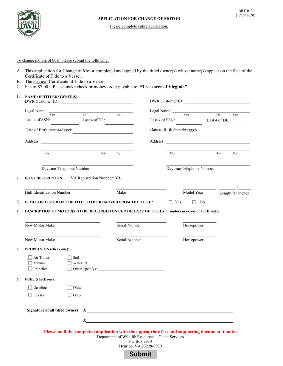 Form BRT-012 Application for Change of Motor - Virginia, Page 1