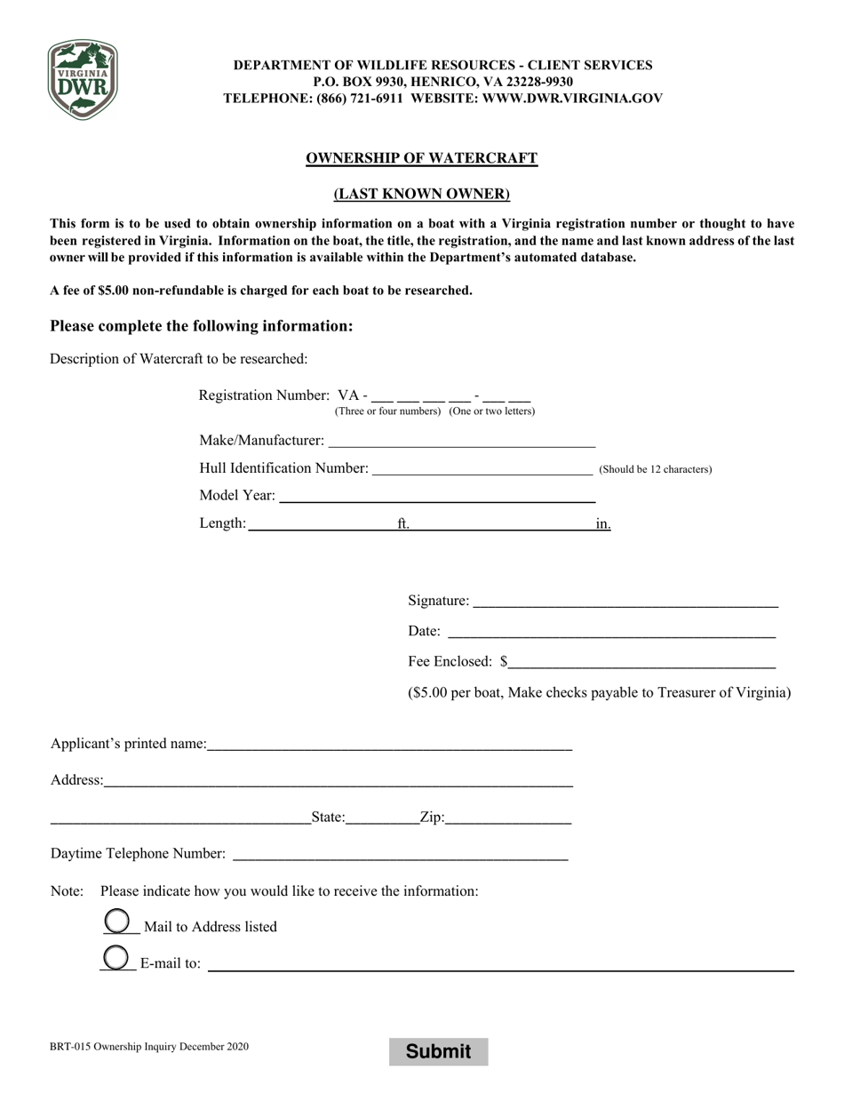 Form BRT-015 Ownership of Watercraft - Virginia, Page 1