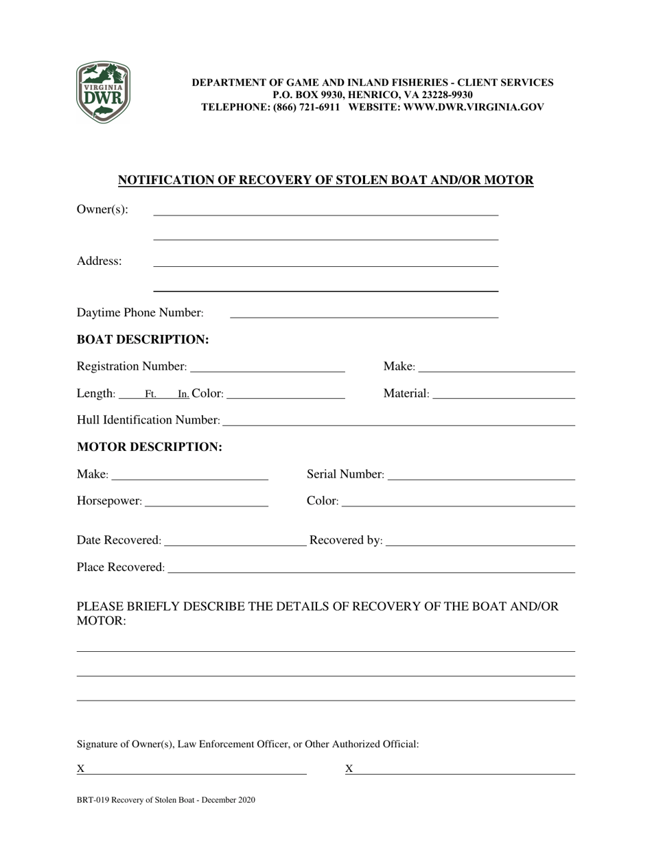 Form BRT-019 Notification of Recovery of Stolen Boat and / or Motor - Virginia, Page 1