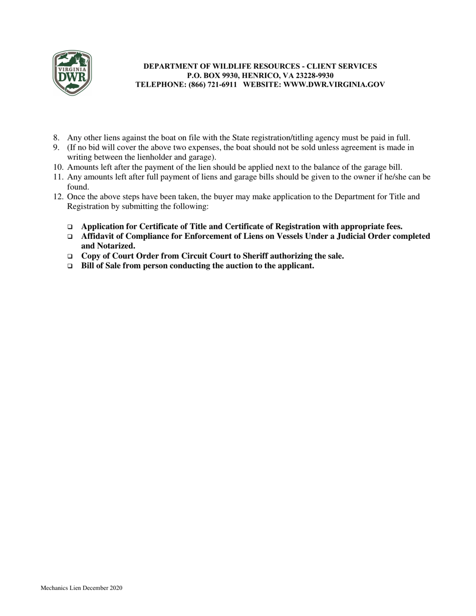 Affidavit of Compliance for Enforcement of Liens on Vessels as Required by Chapter 4, Mechanics and Certain Other Liens 43-34 of the Code of Virginia - Virginia, Page 3