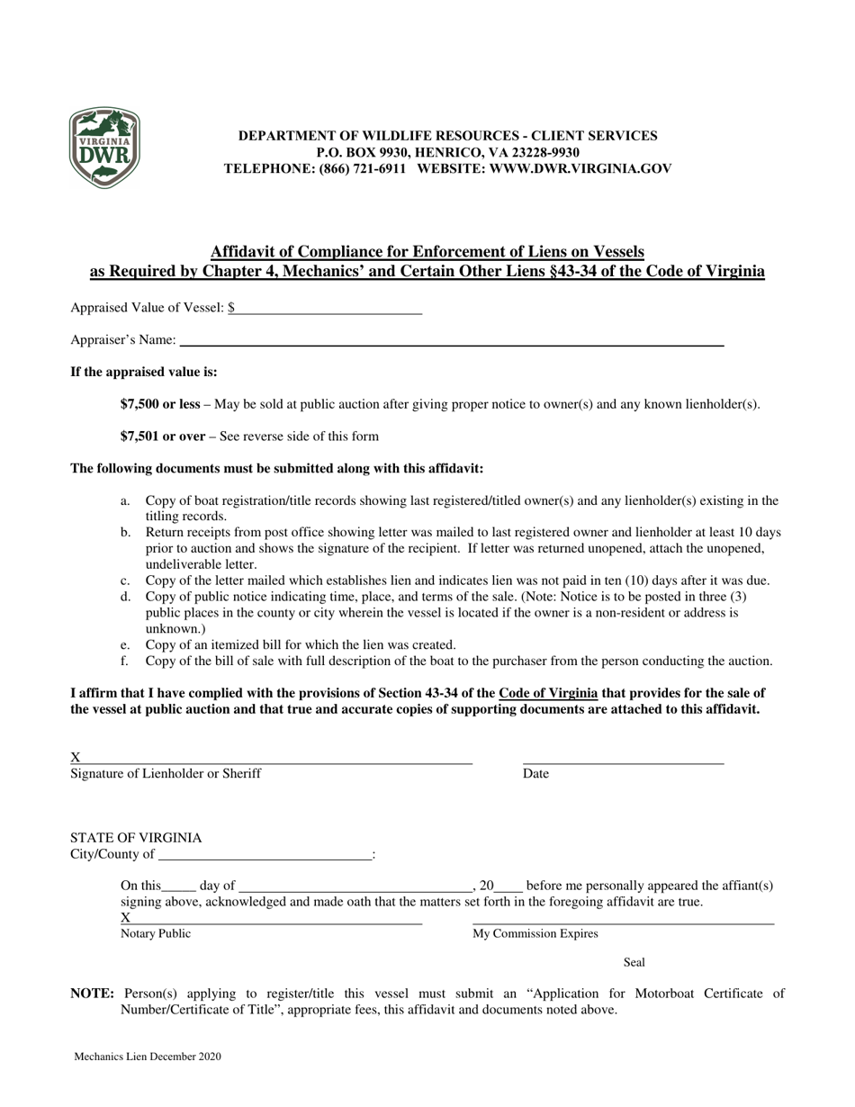 Affidavit of Compliance for Enforcement of Liens on Vessels as Required by Chapter 4, Mechanics and Certain Other Liens 43-34 of the Code of Virginia - Virginia, Page 4