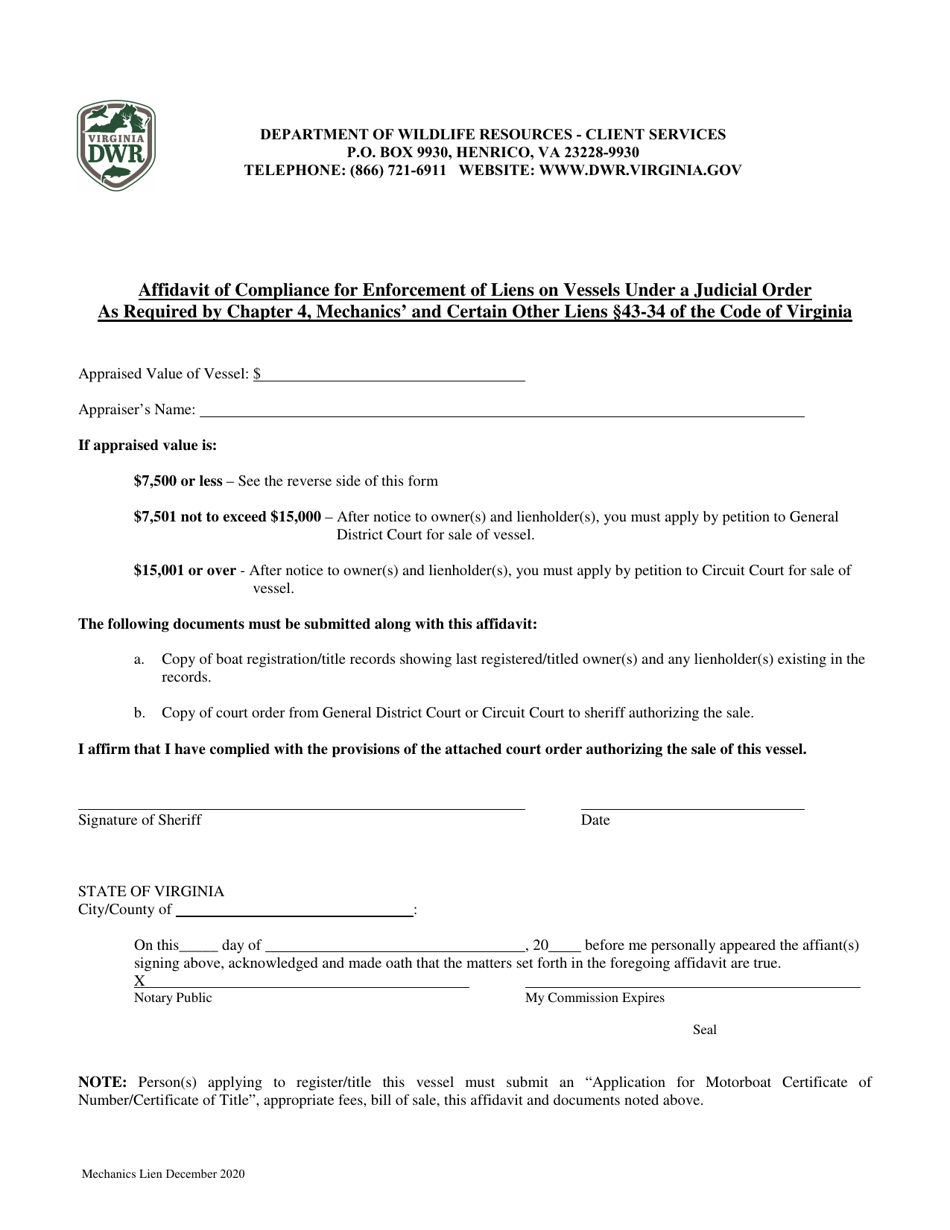 Affidavit of Compliance for Enforcement of Liens on Vessels as Required by Chapter 4, Mechanics and Certain Other Liens 43-34 of the Code of Virginia - Virginia, Page 5