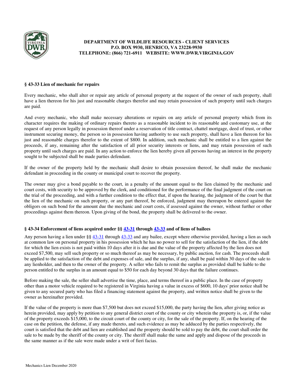Affidavit of Compliance for Enforcement of Liens on Vessels as Required by Chapter 4, Mechanics and Certain Other Liens 43-34 of the Code of Virginia - Virginia, Page 7