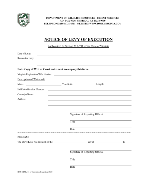 Form BRT-023 Notice of Levy of Execution - Virginia