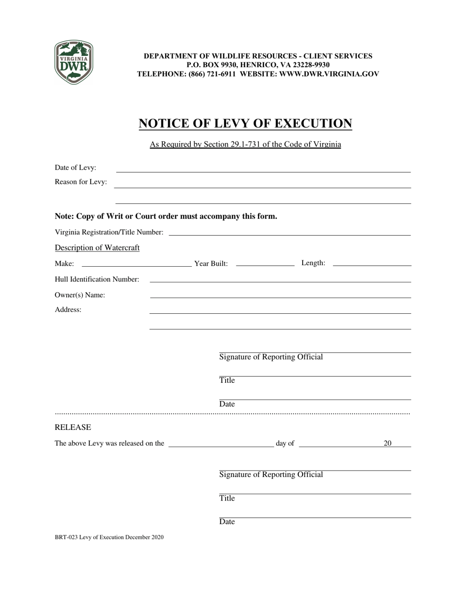Form BRT-023 Notice of Levy of Execution - Virginia, Page 1
