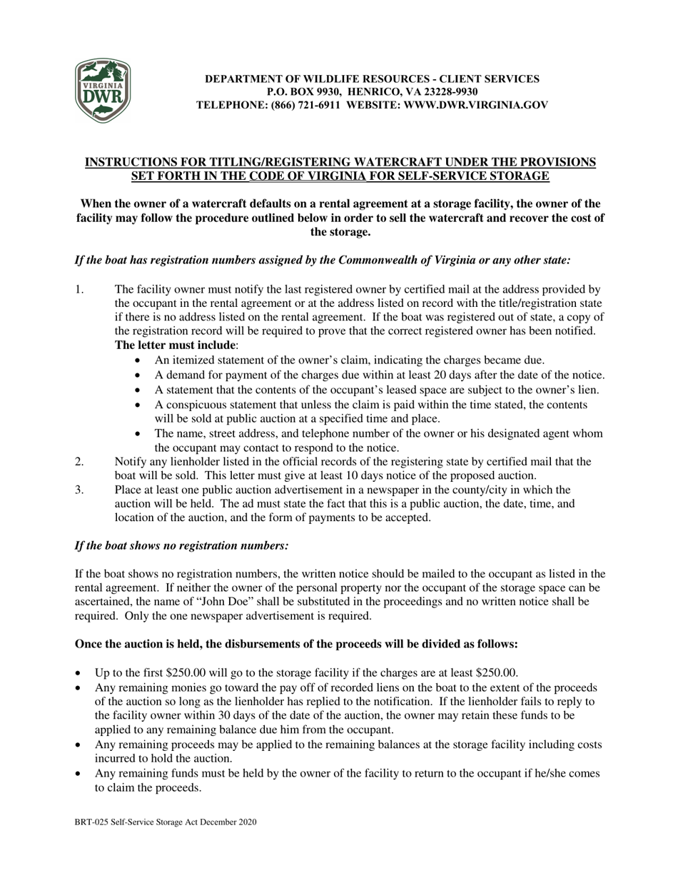 Form BRT-025 Affidavit of Compliance for Enforcement of Virginias Self-service Storage Act - Virginia, Page 1