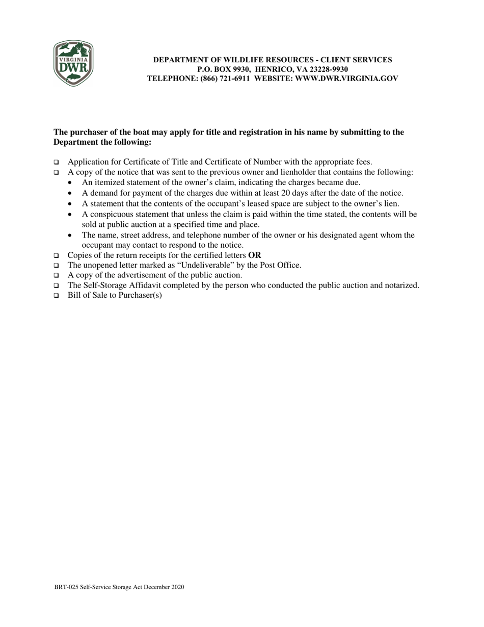 Form BRT-025 Affidavit of Compliance for Enforcement of Virginias Self-service Storage Act - Virginia, Page 2