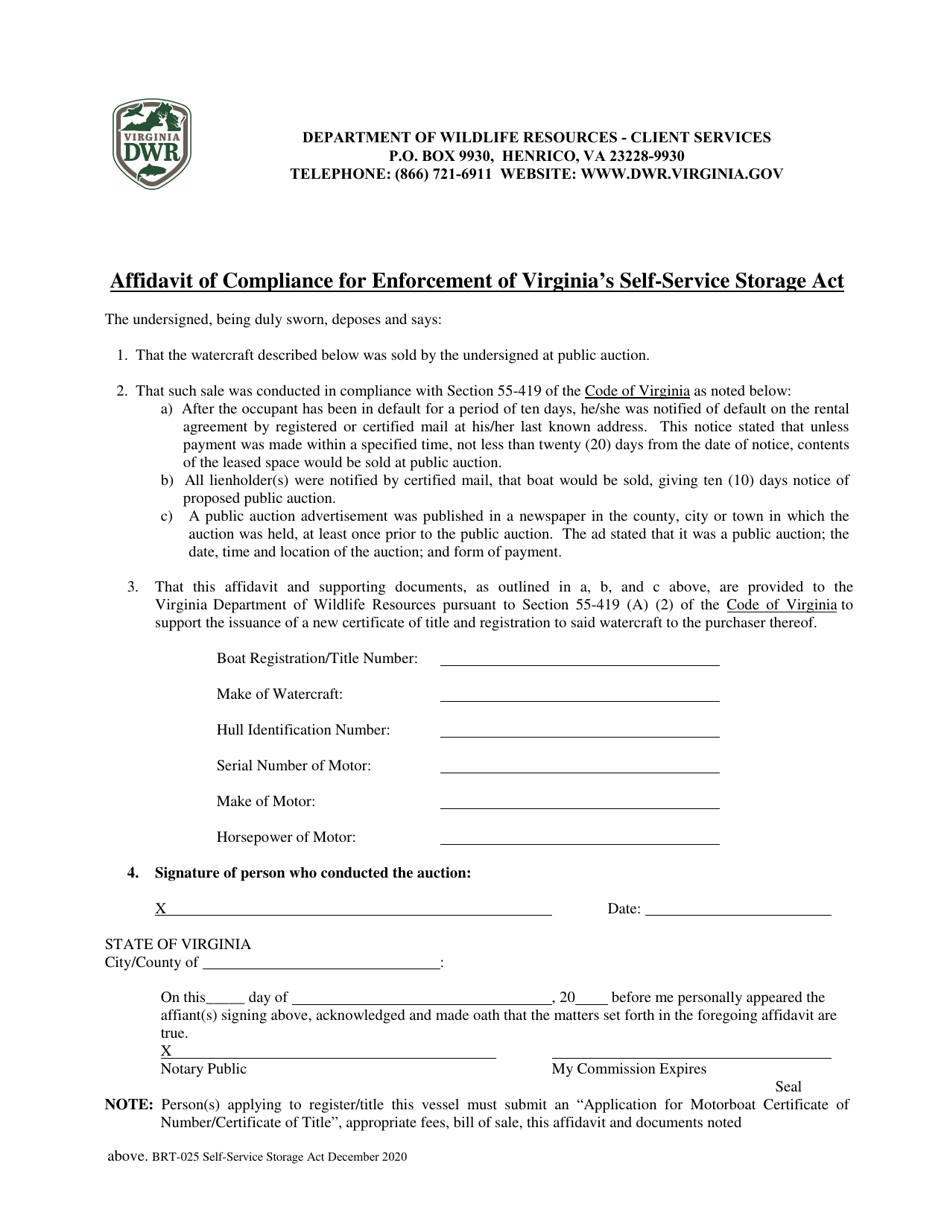 Form BRT-025 Affidavit of Compliance for Enforcement of Virginias Self-service Storage Act - Virginia, Page 3