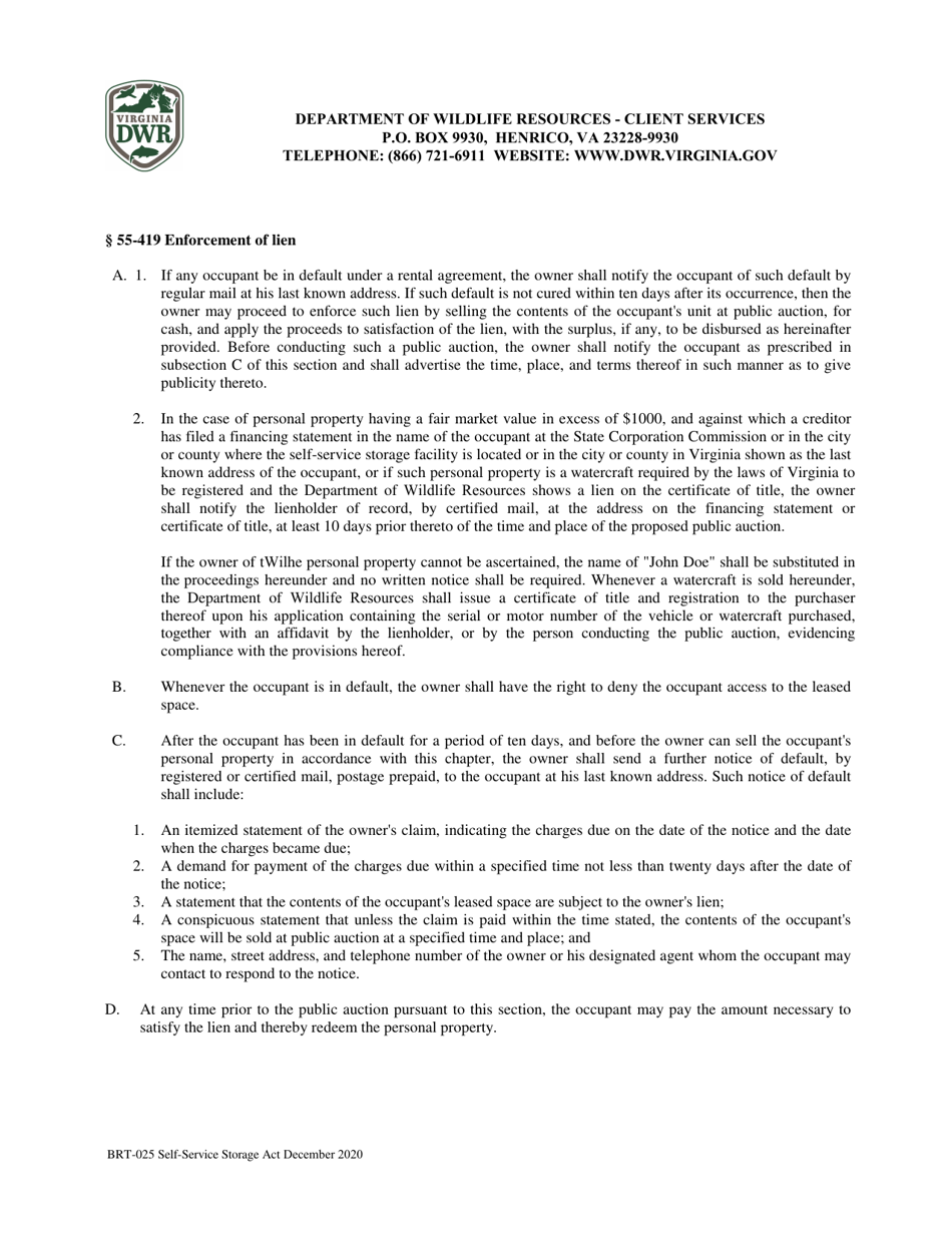 Form BRT-025 Affidavit of Compliance for Enforcement of Virginias Self-service Storage Act - Virginia, Page 5