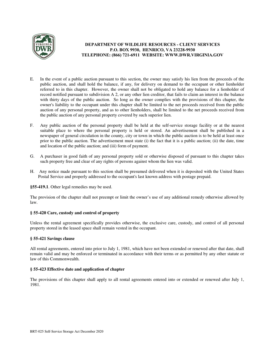 Form BRT-025 Affidavit of Compliance for Enforcement of Virginias Self-service Storage Act - Virginia, Page 6