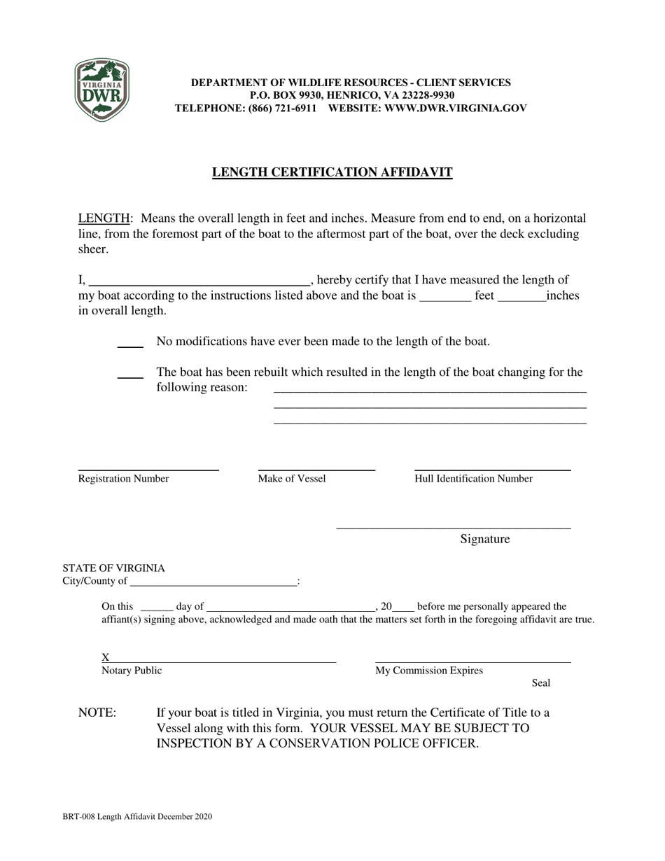 Form BRT-008 Length Certification Affidavit - Virginia, Page 1
