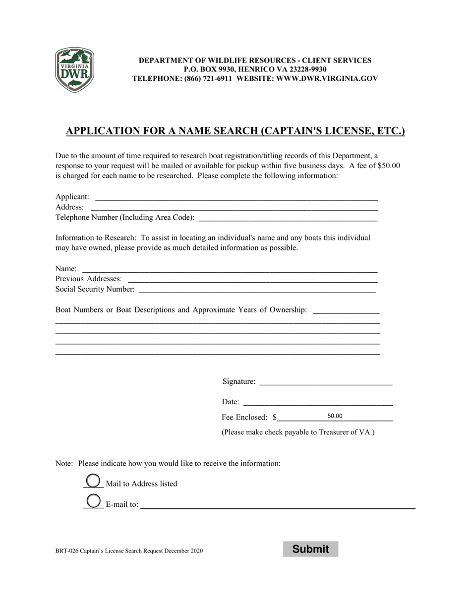 Form BRT-026 Application for a Name Search (Captains License, Etc.) - Virginia, Page 1