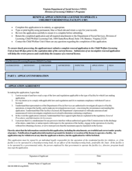 Form 032-08-0099-02-ENG Renewal Application for a License to Operate a Children&#039;s Residential Facility (Crf) - Virginia