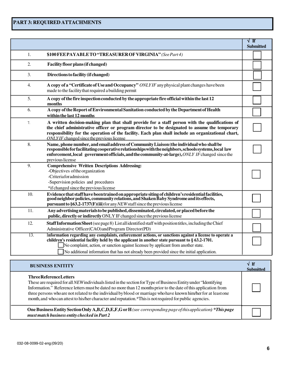 Form 032-08-0099-02-ENG Renewal Application for a License to Operate a Childrens Residential Facility (Crf) - Virginia, Page 6
