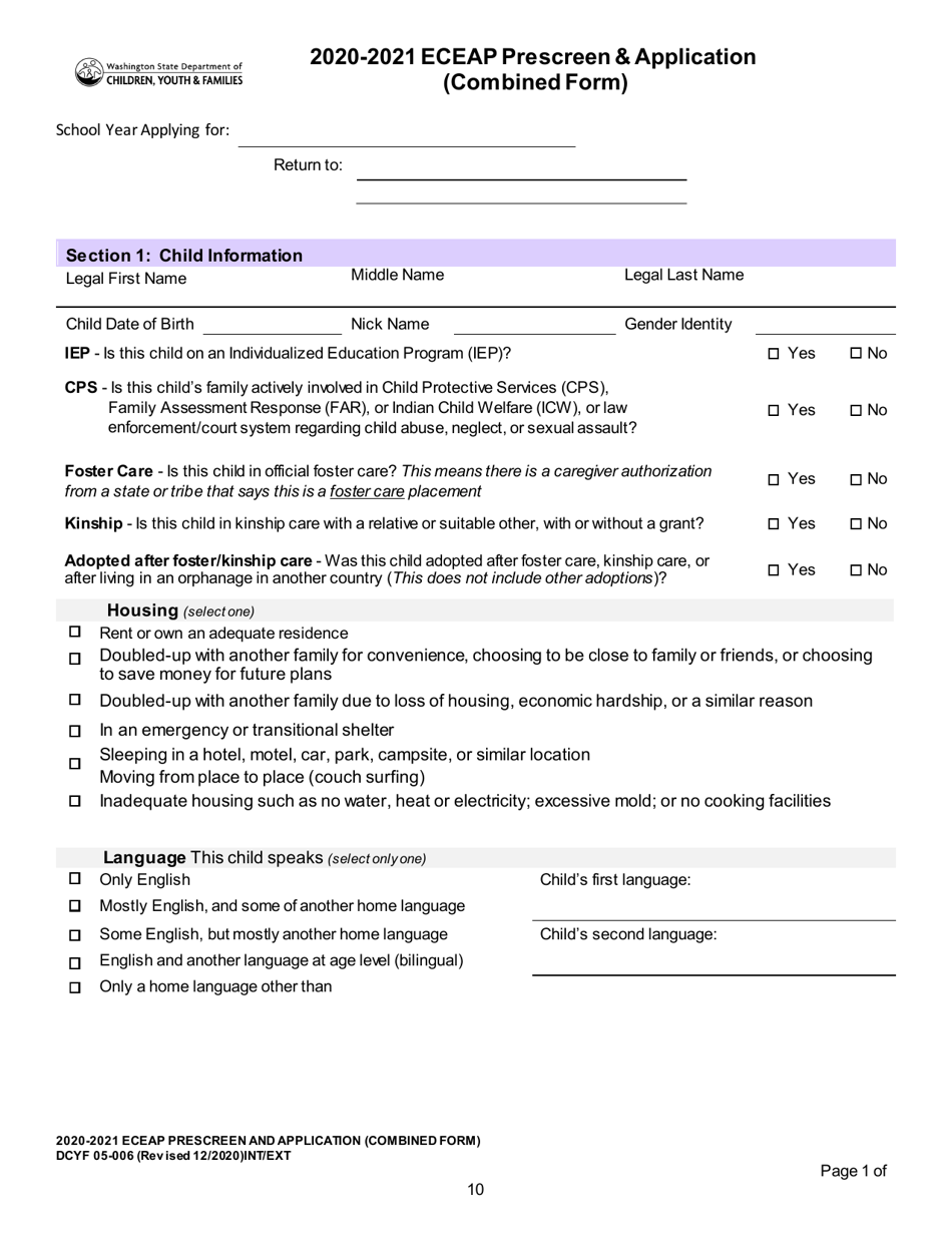 DCYF Form 05-006 Eceap Prescreen and Application (Combined Form) - Washington, Page 1