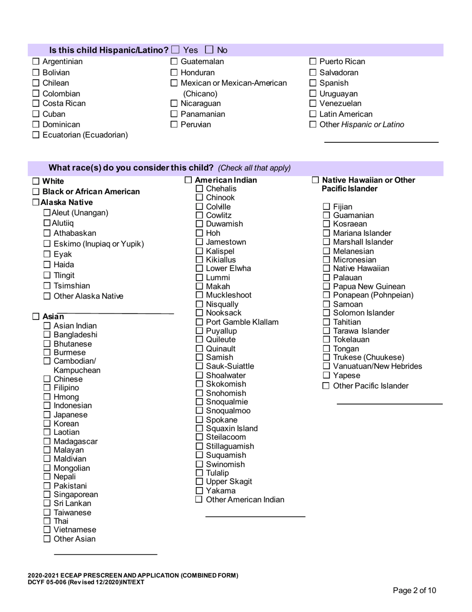 DCYF Form 05-006 Eceap Prescreen and Application (Combined Form) - Washington, Page 2