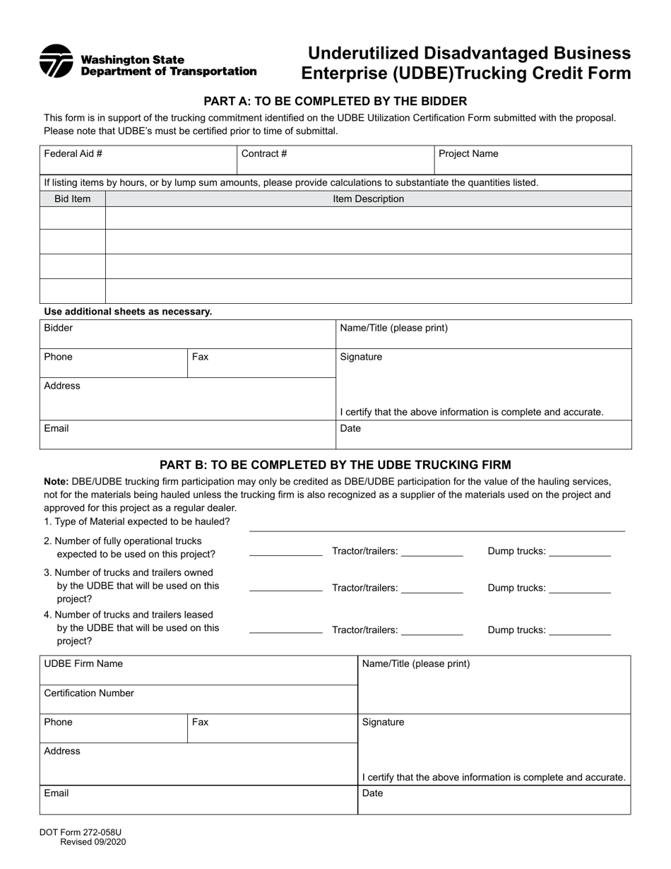 DOT Form 272-058U Underutilized Disadvantaged Business Enterprise (Udbe) Trucking Credit Form - Washington, Page 1