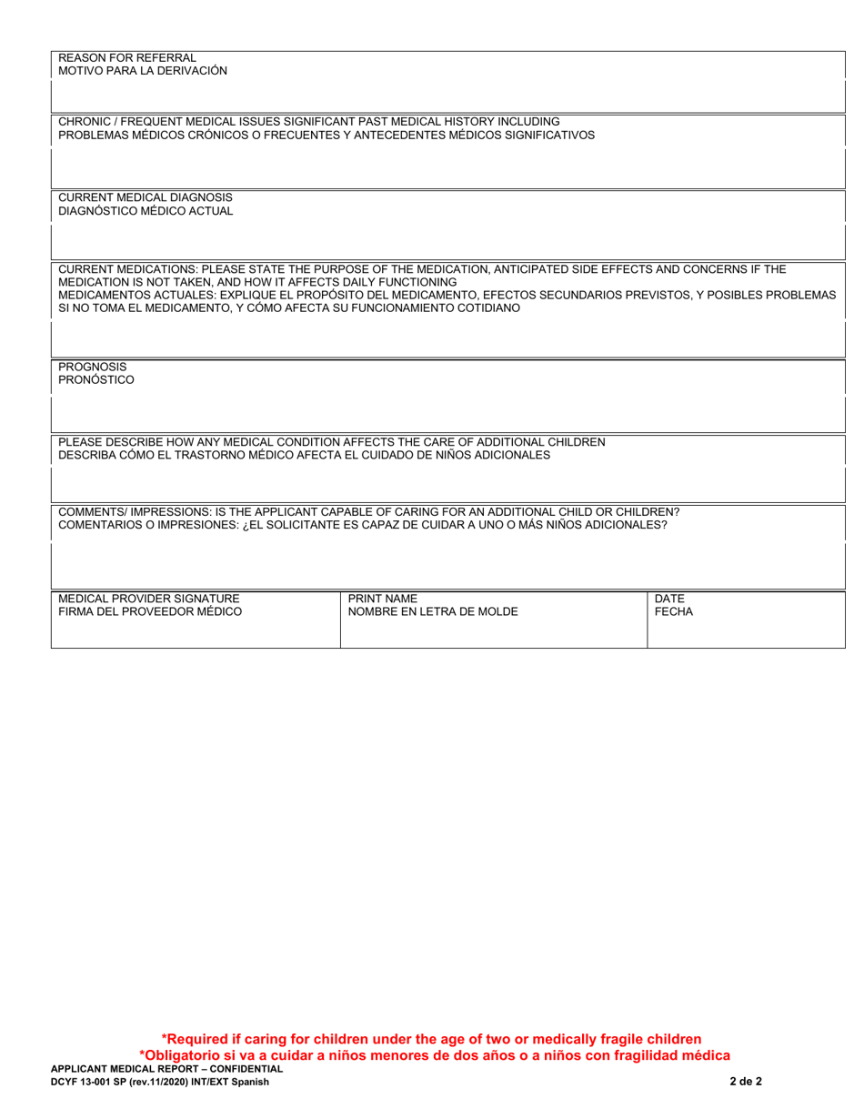 DCYF Form 13-001 Applicant Medical Report - Confidential - Washington (English / Spanish), Page 2