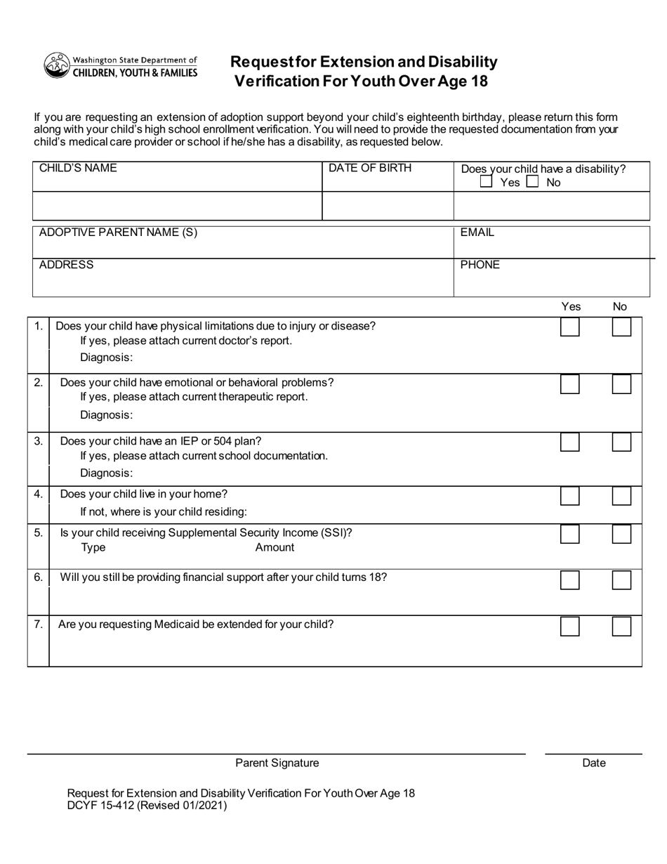 DCYF Form 15-412 Request for Extension and Disability Verification for Youth Over Age 18 - Washington, Page 1