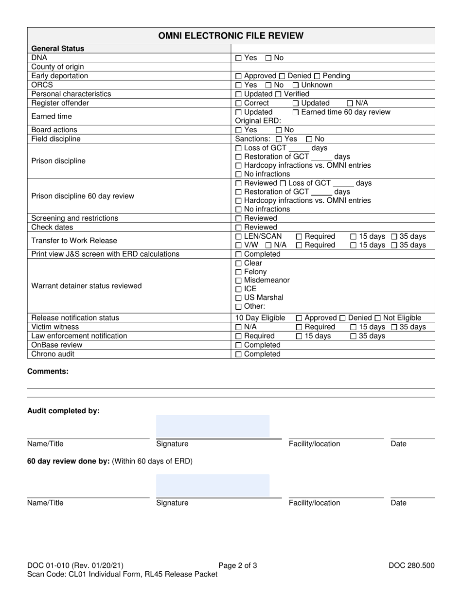 Form DOC01-010 Audit Checklist - Central File - Washington, Page 2