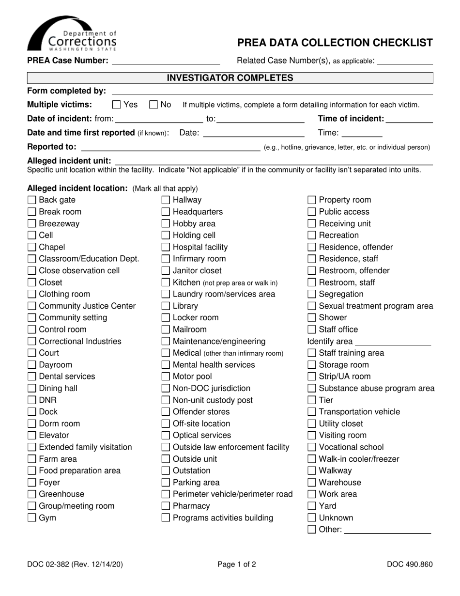 Form DOC02-382 Prea Data Collection Checklist - Washington, Page 1
