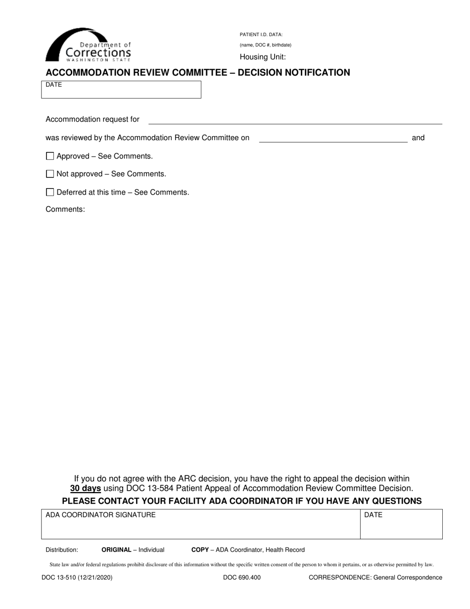 Form DOC13-510 Accomodation Review Committee - Decision Notification - Washington, Page 1