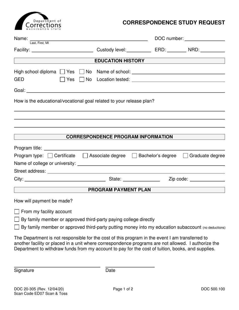 Form DOC20-305 Correspondence Study Request - Washington, Page 1