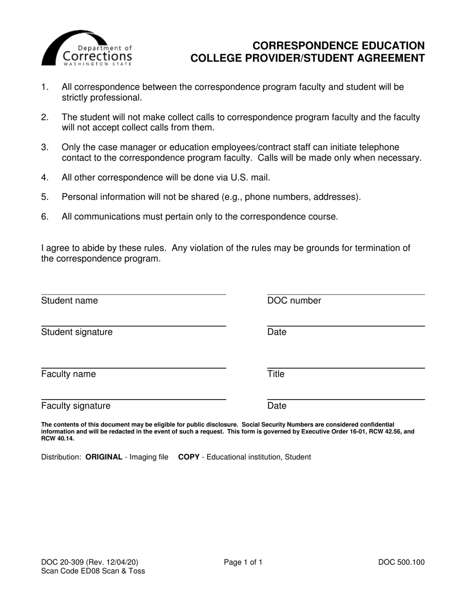 Form DOC20-309 Correspondence Education College Provider / Student Agreement - Washington, Page 1