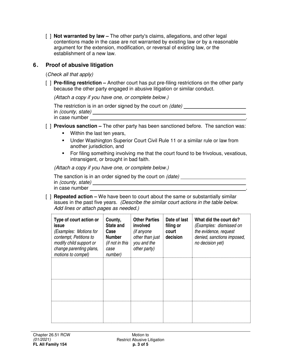 Form FL All Family154 Motion to Restrict Abusive Litigation - Washington, Page 3