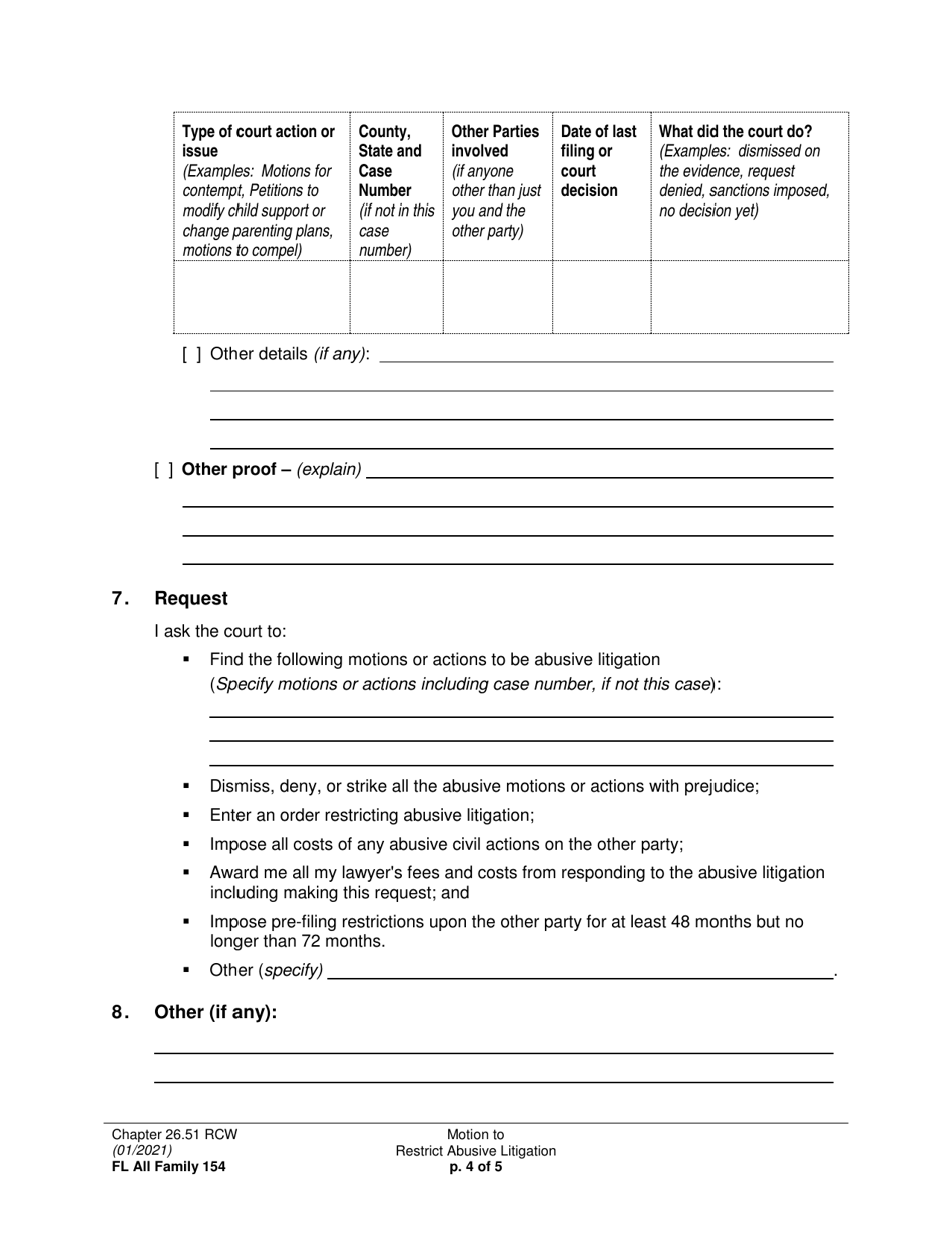 Form FL All Family154 Motion to Restrict Abusive Litigation - Washington, Page 4