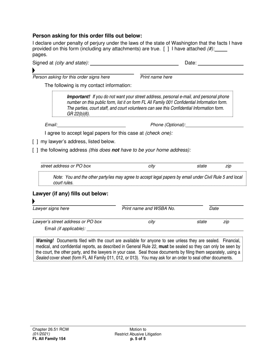 Form FL All Family154 Motion to Restrict Abusive Litigation - Washington, Page 5