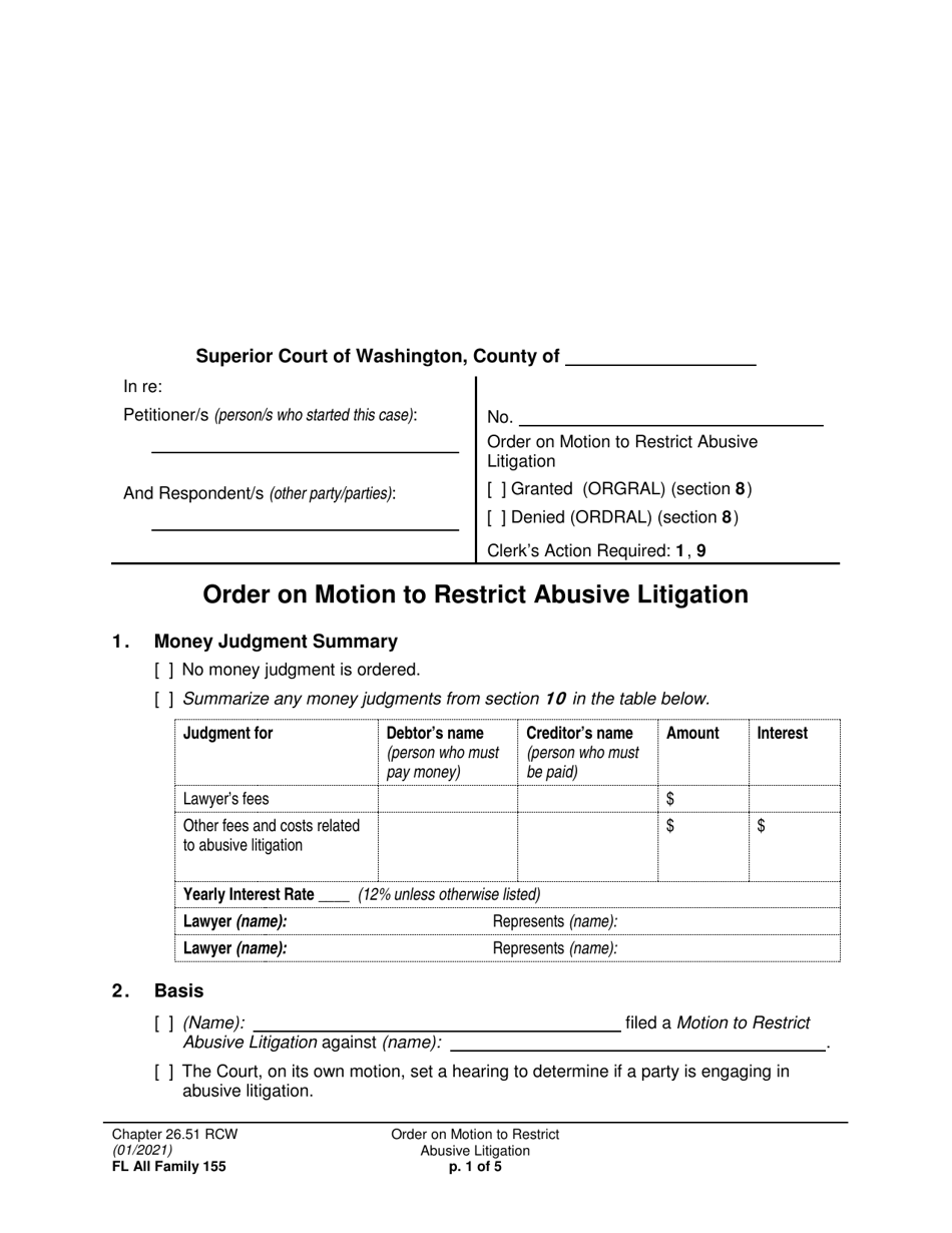 Form FL All Family155 Order on Motion to Restrict Abusive Litigation - Washington, Page 1