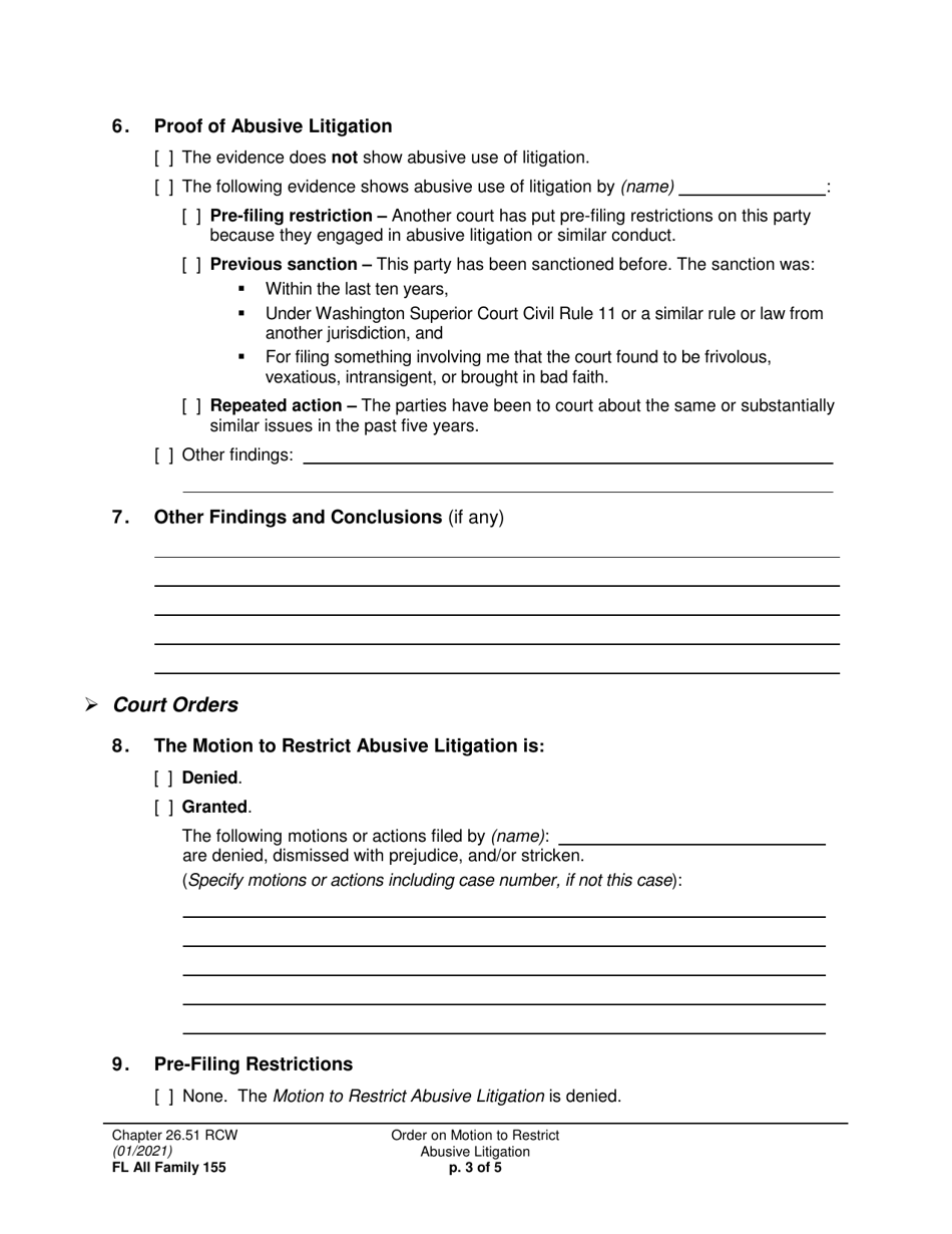 Form FL All Family155 Order on Motion to Restrict Abusive Litigation - Washington, Page 3