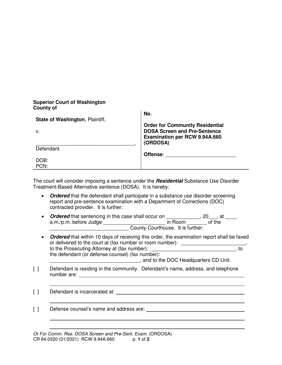 Form CR84.0320 Order for Community Residential Dosa Screen and Pre-sentence Examination Per Rcw 9.94a.660 (Ordosa) - Washington, Page 1