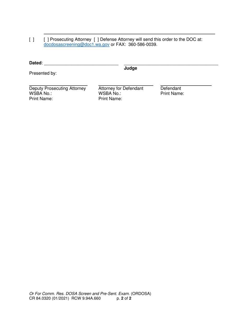 Form CR84.0320 Order for Community Residential Dosa Screen and Pre-sentence Examination Per Rcw 9.94a.660 (Ordosa) - Washington, Page 2