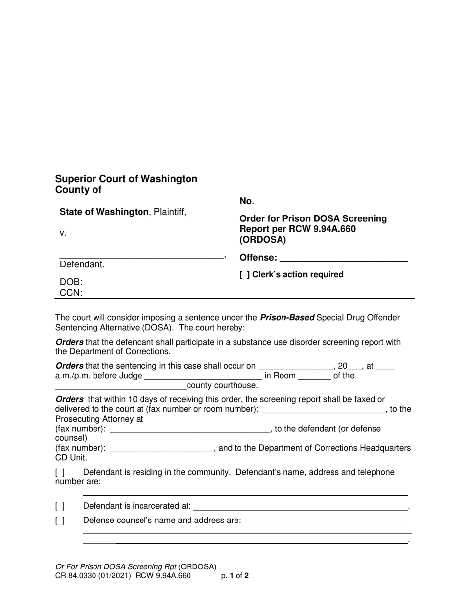 Form CR84.0330 Order for Prison Dosa Screening Report Per Rcw 9.94a.660 (Ordosa) - Washington, Page 1