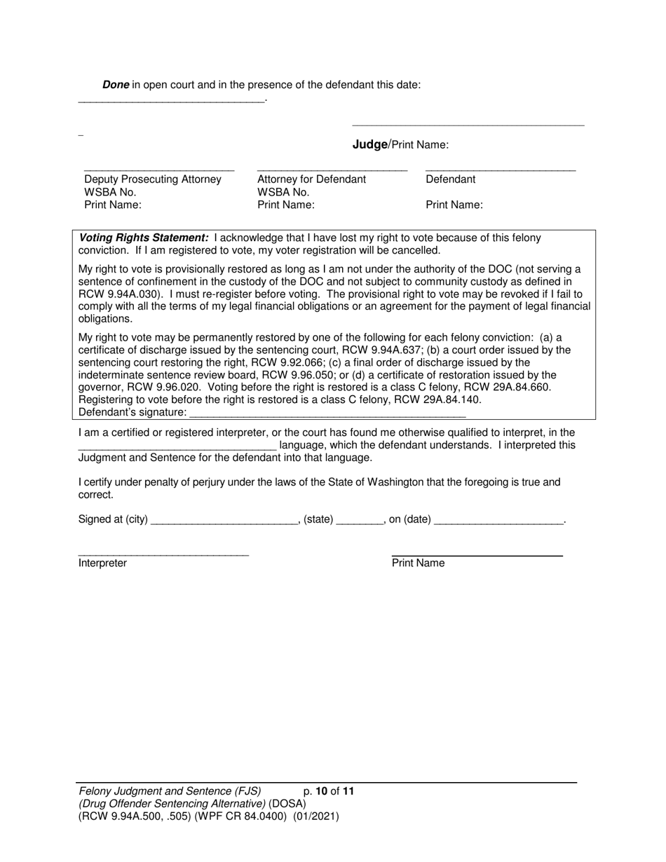 Form WPF CR84.0400 DOSA Felony Judgment and Sentence - Drug Offender Sentencing Alternative - Washington, Page 10