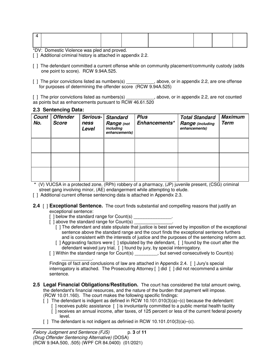 Form WPF CR84.0400 DOSA Felony Judgment and Sentence - Drug Offender Sentencing Alternative - Washington, Page 3