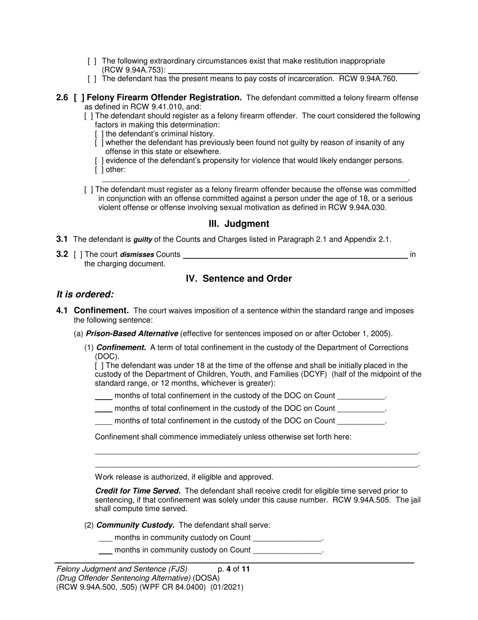 Form WPF CR84.0400 DOSA Felony Judgment and Sentence - Drug Offender Sentencing Alternative - Washington, Page 4
