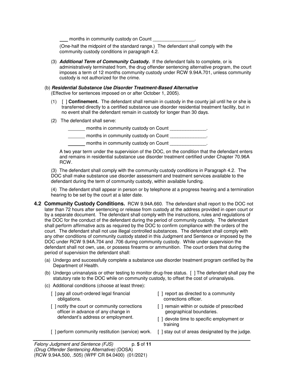 Form WPF CR84.0400 DOSA Felony Judgment and Sentence - Drug Offender Sentencing Alternative - Washington, Page 5