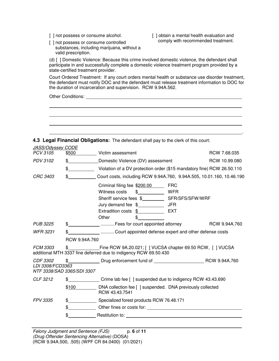 Form WPF CR84.0400 DOSA Felony Judgment and Sentence - Drug Offender Sentencing Alternative - Washington, Page 6