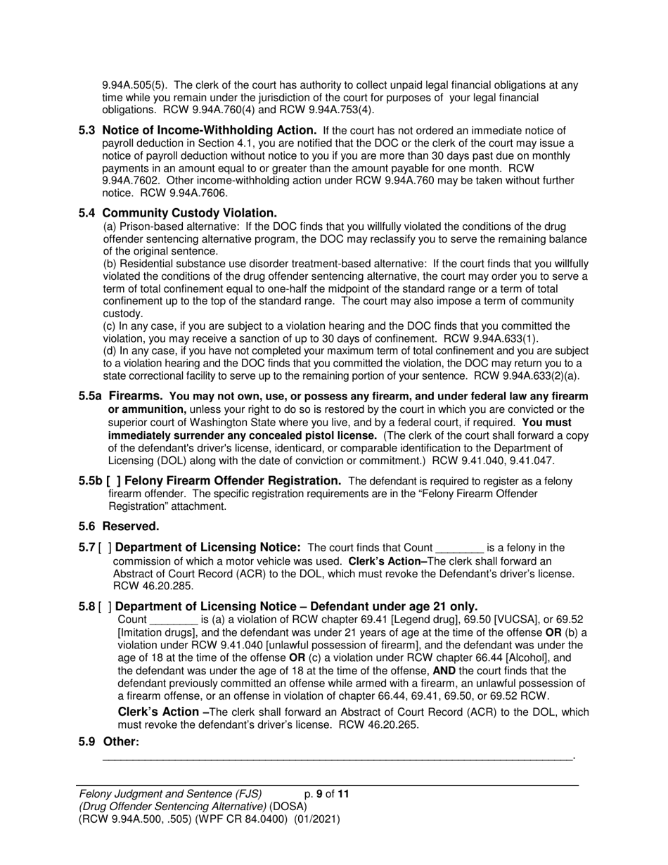Form WPF CR84.0400 DOSA Felony Judgment and Sentence - Drug Offender Sentencing Alternative - Washington, Page 9