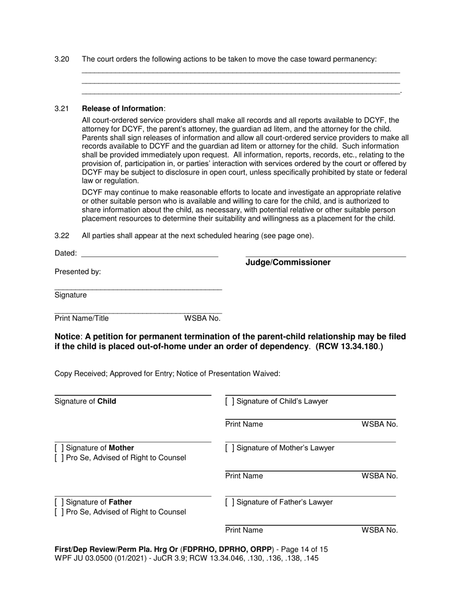 Form WPF JU03.0500 Order After Hearing: First Dependency Review / Dependency Review / Permanency Planning - Washington, Page 14
