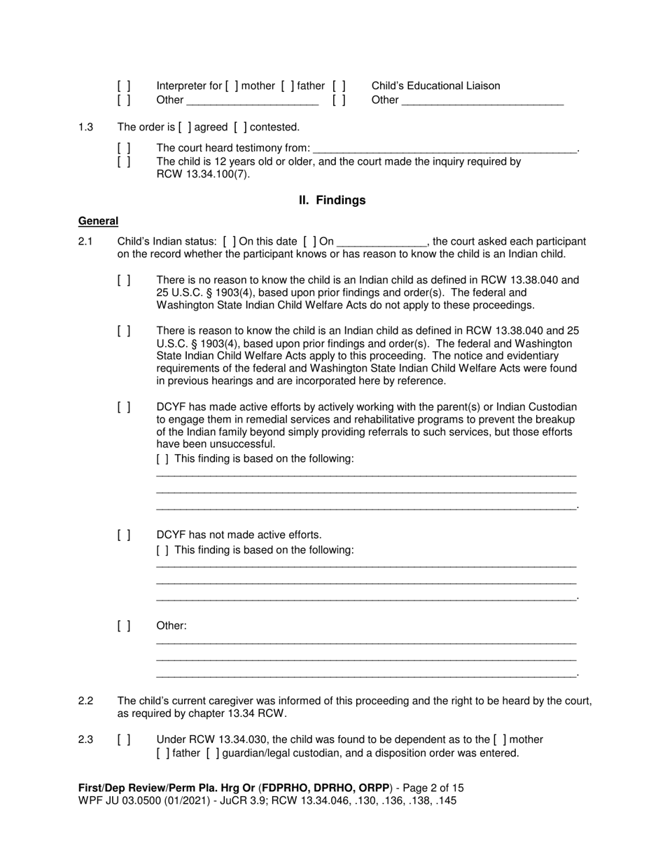 Form WPF JU03.0500 Order After Hearing: First Dependency Review / Dependency Review / Permanency Planning - Washington, Page 2