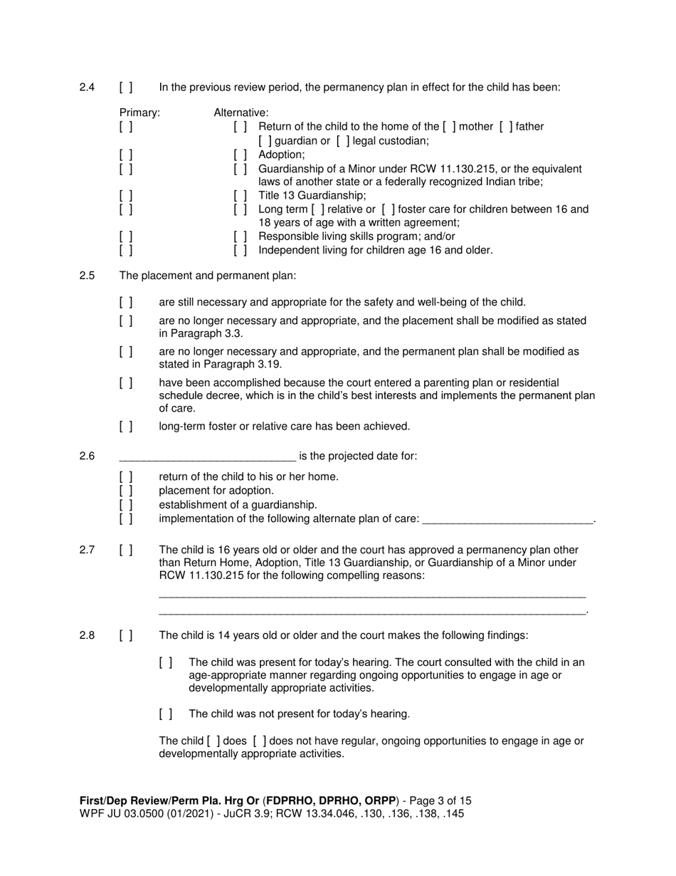 Form WPF JU03.0500 Order After Hearing: First Dependency Review / Dependency Review / Permanency Planning - Washington, Page 3