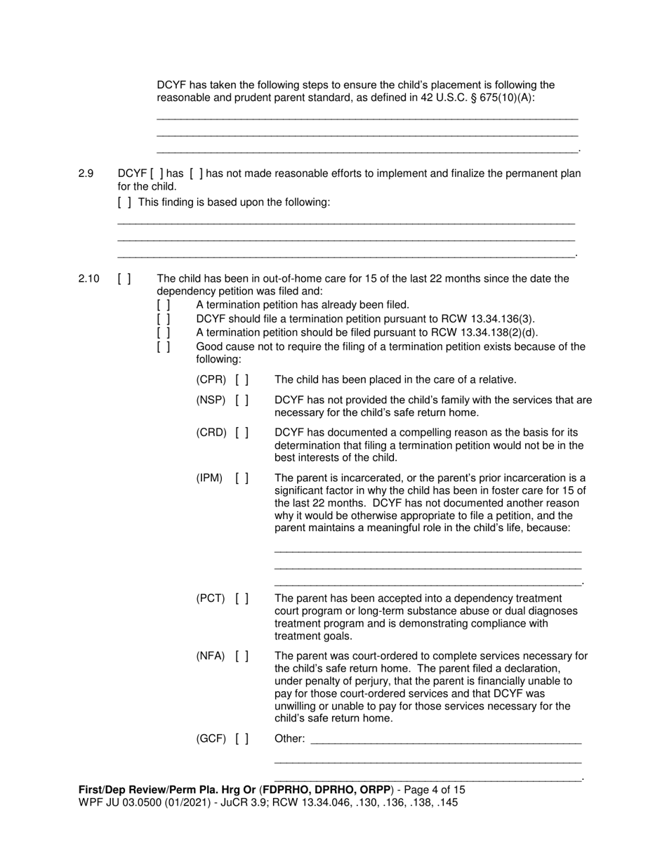 Form WPF JU03.0500 Order After Hearing: First Dependency Review / Dependency Review / Permanency Planning - Washington, Page 4