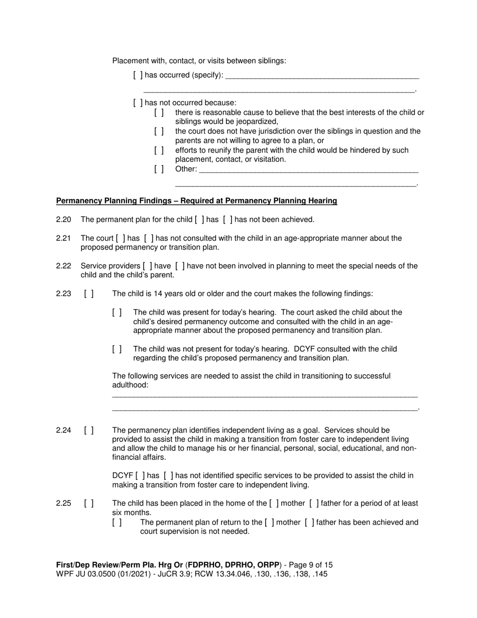 Form WPF JU03.0500 Order After Hearing: First Dependency Review / Dependency Review / Permanency Planning - Washington, Page 9