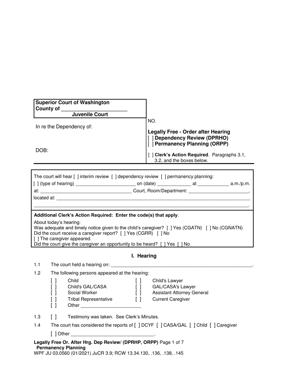 Form WPF JU03.0560 Legally Free - Order After Hearing Dependency Review / Permanency Planning - Washington, Page 1