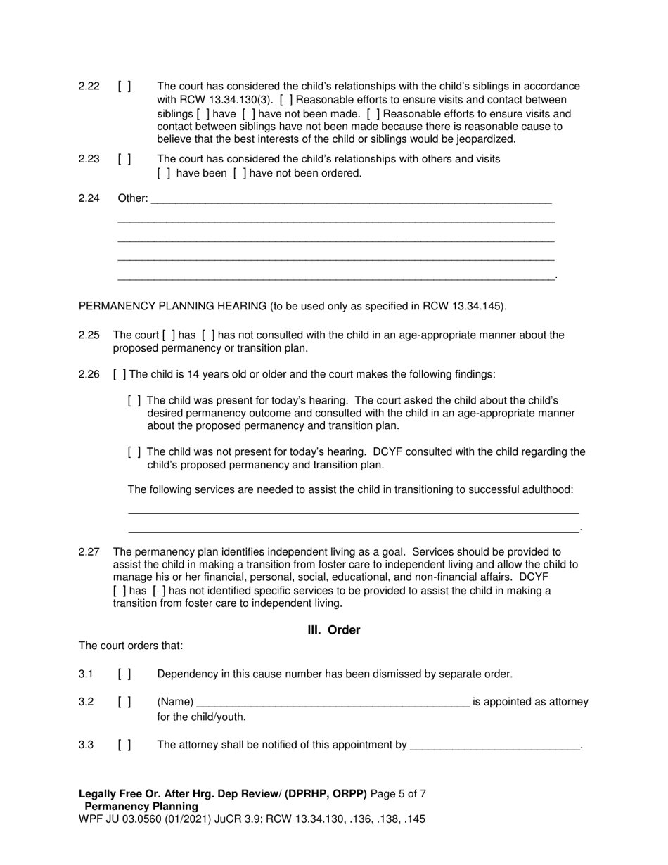 Form WPF JU03.0560 Legally Free - Order After Hearing Dependency Review / Permanency Planning - Washington, Page 5