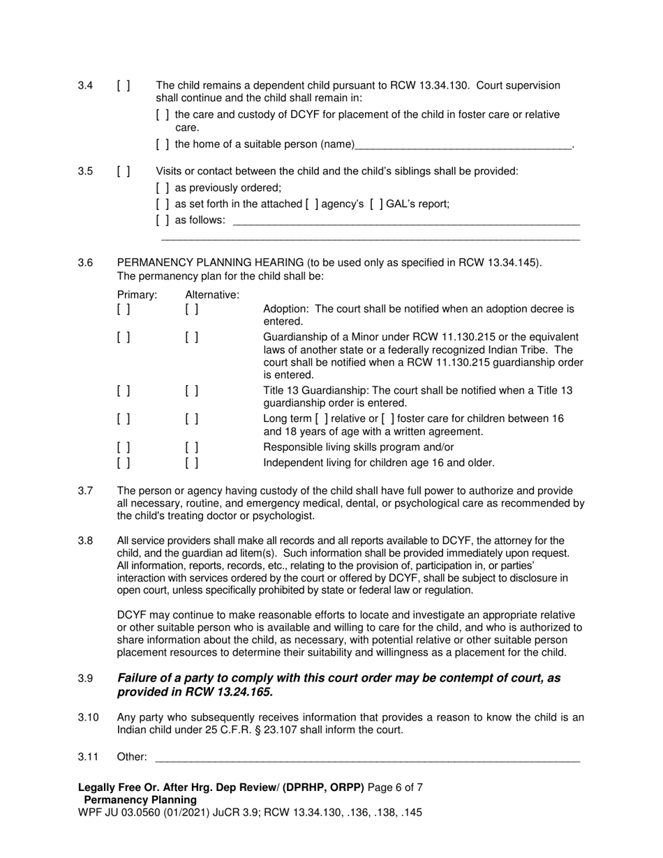Form WPF JU03.0560 Legally Free - Order After Hearing Dependency Review / Permanency Planning - Washington, Page 6